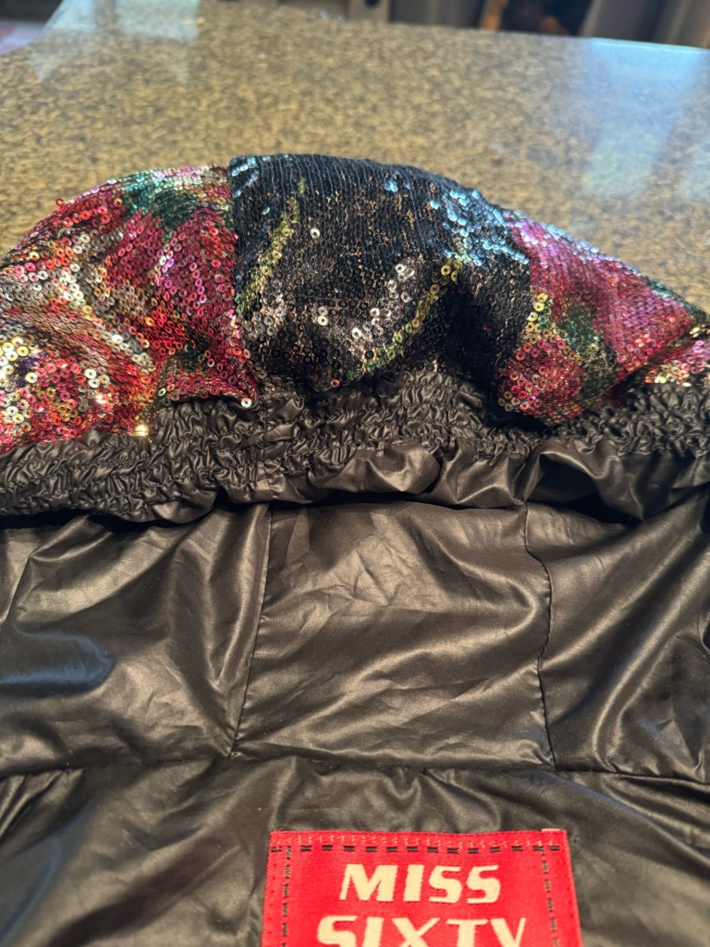 MISS SIXTY down / embroidered and black sequin floral puffer vest with hood - Picture 7 of 8